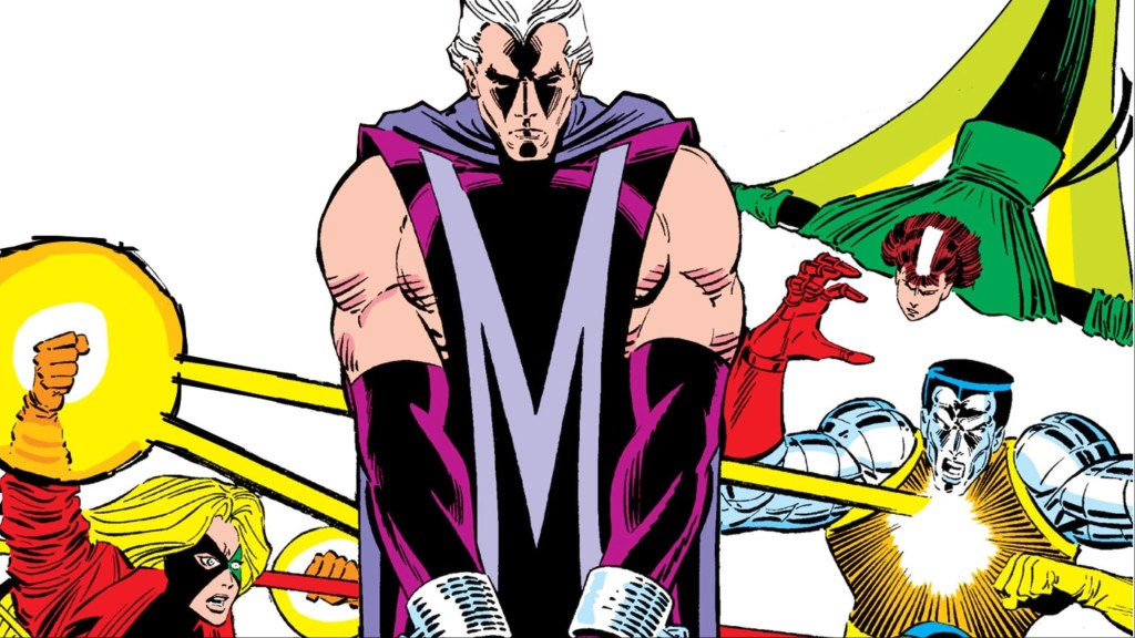 Magneto in cuffs with Rogue and Colossus fighting the Fenris twins behind him
