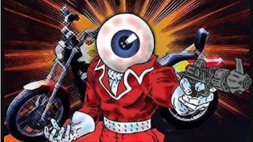 The Orb pointing a gun with a motorcycle behind him