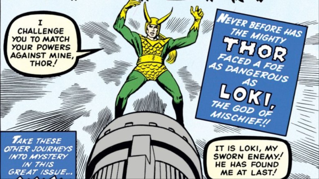 Loki standing atop a building surrounded by text boxes in his first appearance