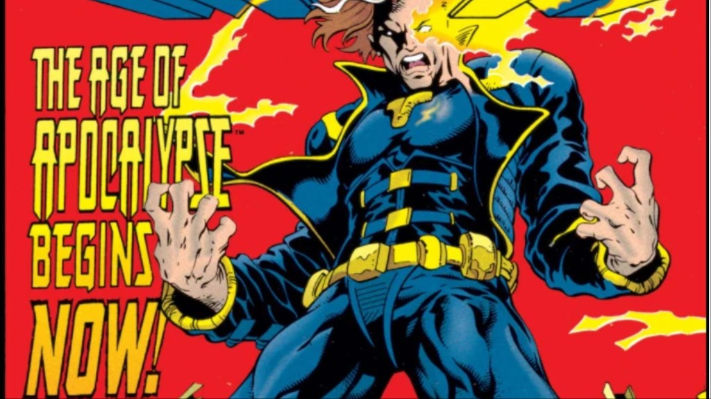 Nate Grey yelling with yellow psionic energy streaming from his left eye with the words "The Age of Apocalypse Begins Now!"
