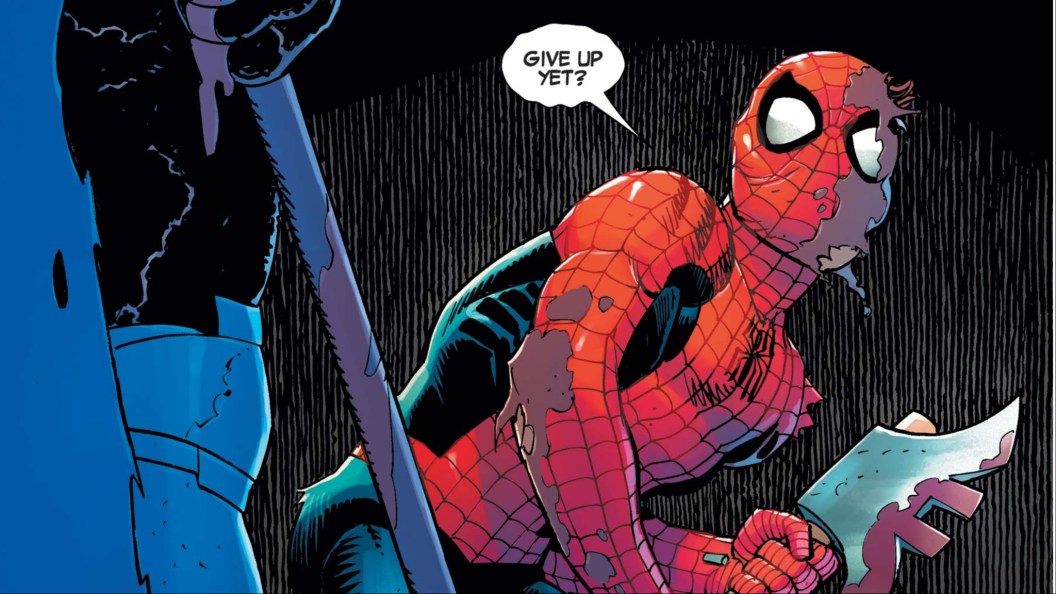 A beaten, bloody Spider-Man being menaced by Hellgate