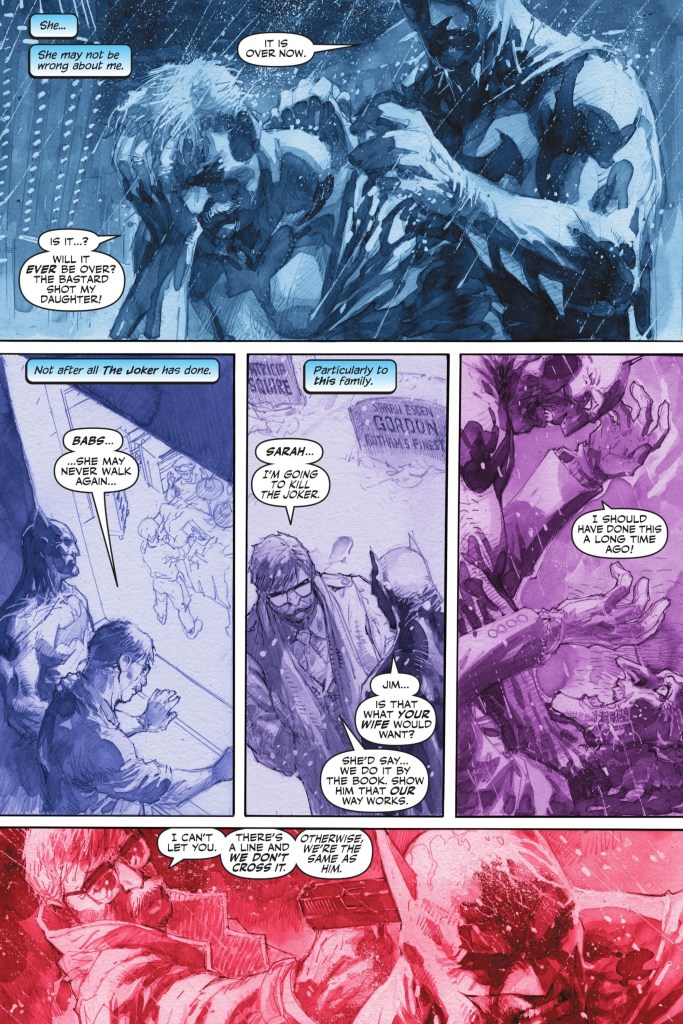 A page of Batman and Jim Gordon talking about all of the terrible things that the Joker did to the Gordon family