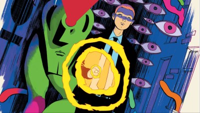 John Jones and Martian walking through a hallway with flashlight, surrounded by monstrous eyes