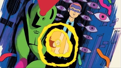 John Jones and Martian walking through a hallway with flashlight, surrounded by monstrous eyes