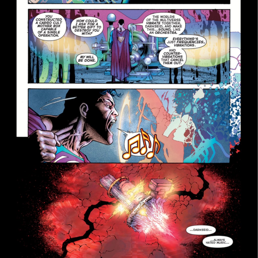 Superman using the Miracle Machine and whistling to destroy Darkseid
