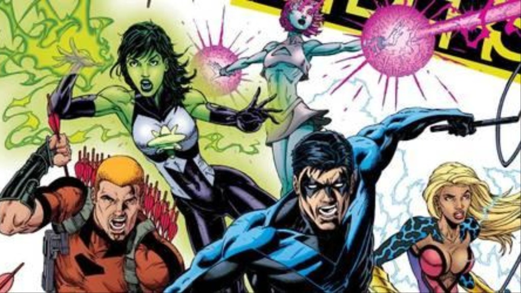 Arsenal, Jade, Nightwing, Indigo, and Thunder running into battle