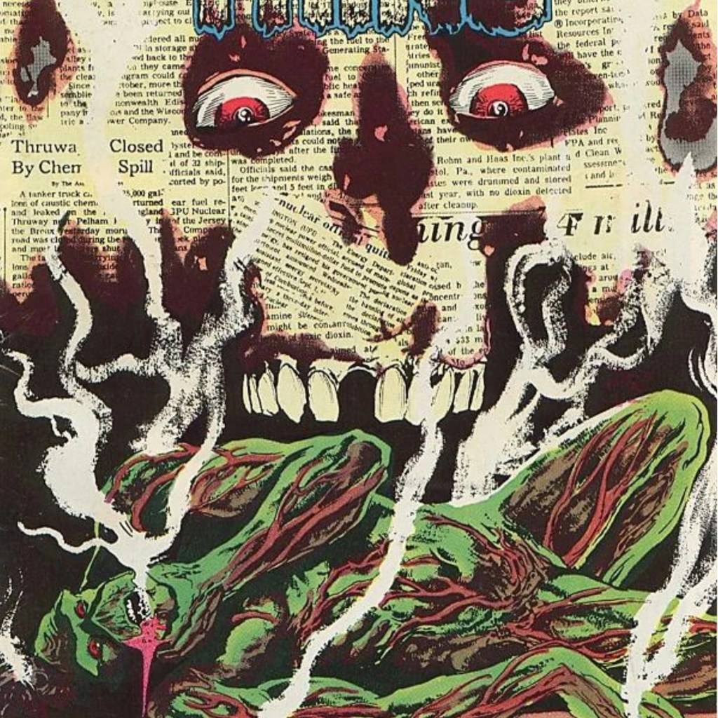 A skull made of newspaper clippings over a burning Swamp Thing