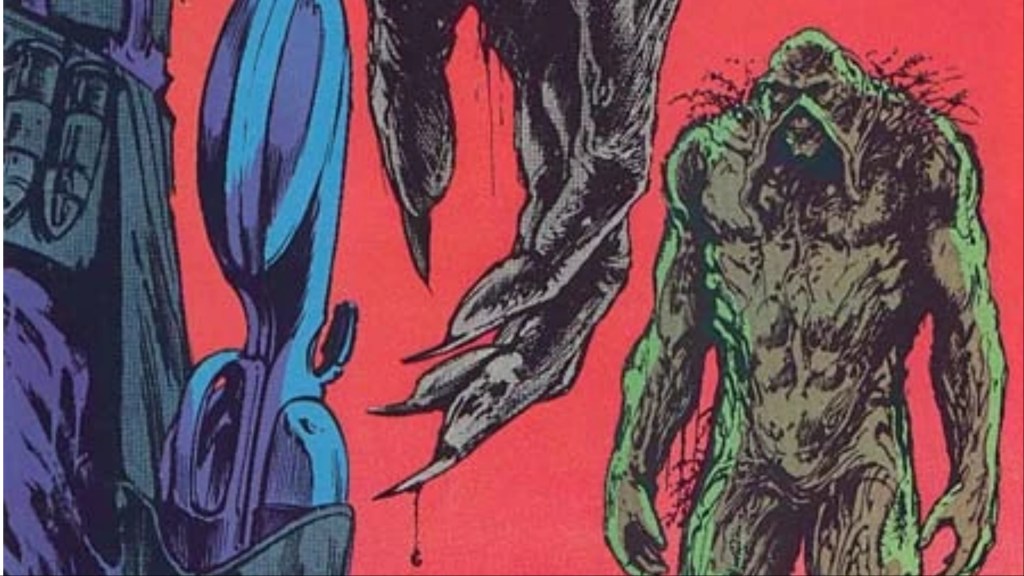 A shot from behind an undead gunslinger, focusing on his hand and gun, with Swamp Thing across from him