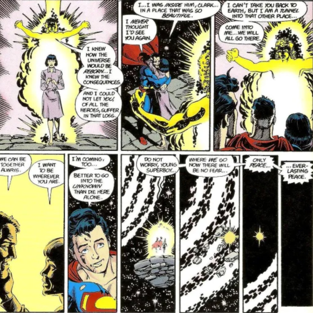 Alexander Luthor opening up a portal for Superboy-Prime, Earth-Two Superman, and Lois Lane after the destruction of Anti-Monitor