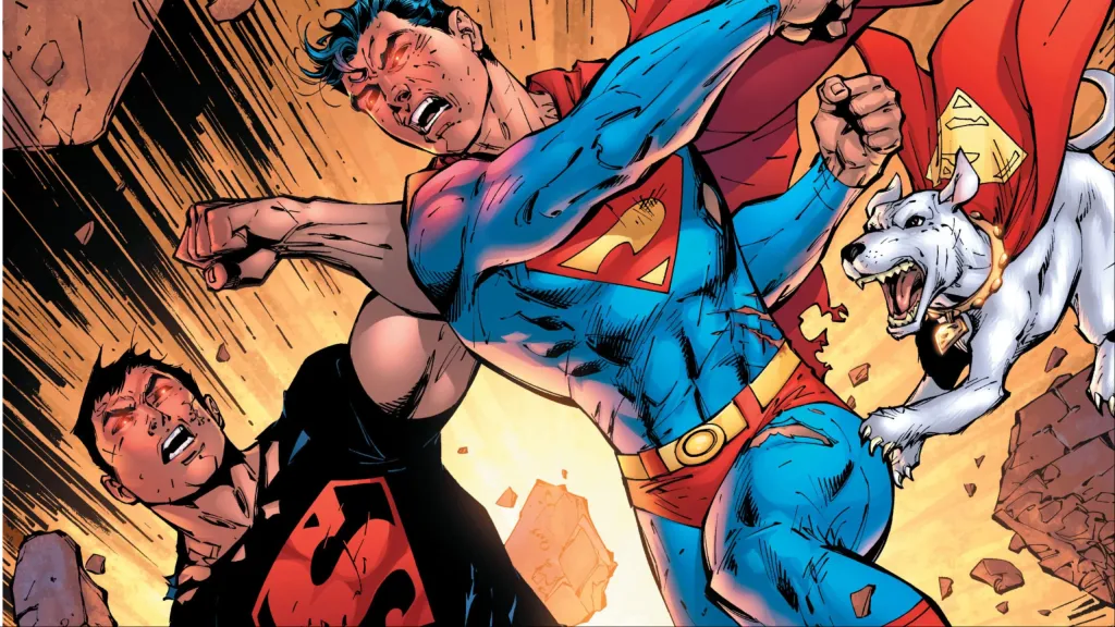 Superboy-Prime fighting Superboy and Krypto