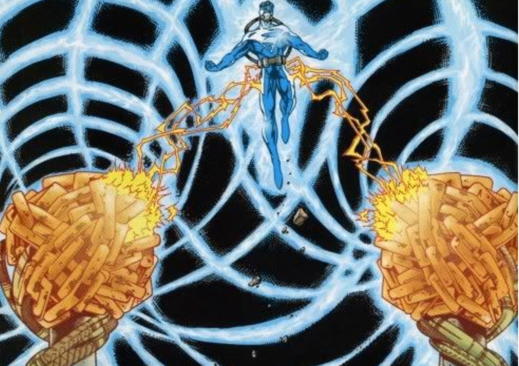 Superman using his powers to lift the moon with electromagnets