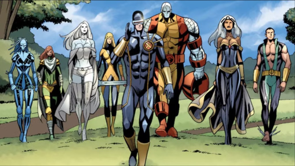 Danger, Hope Summers, Emma Frost, Magik, Cyclops, Colossus, Storm, and Namor walking towards their enemy