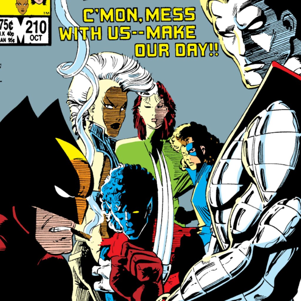 Wolverine, Storm, Nightcrawler, Rogue, Kitty Pryde, and Colossus standing together and looking tough