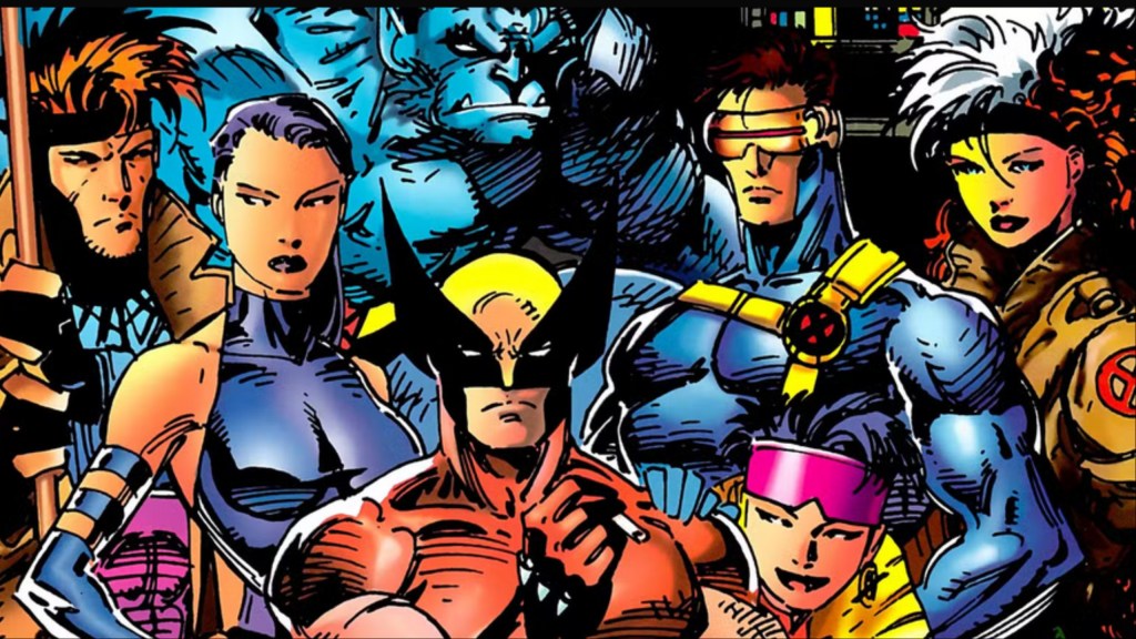 Gambit, Psylocke, Beast, Wolverine, Jubilee, Cyclops, and Rogue hanging together