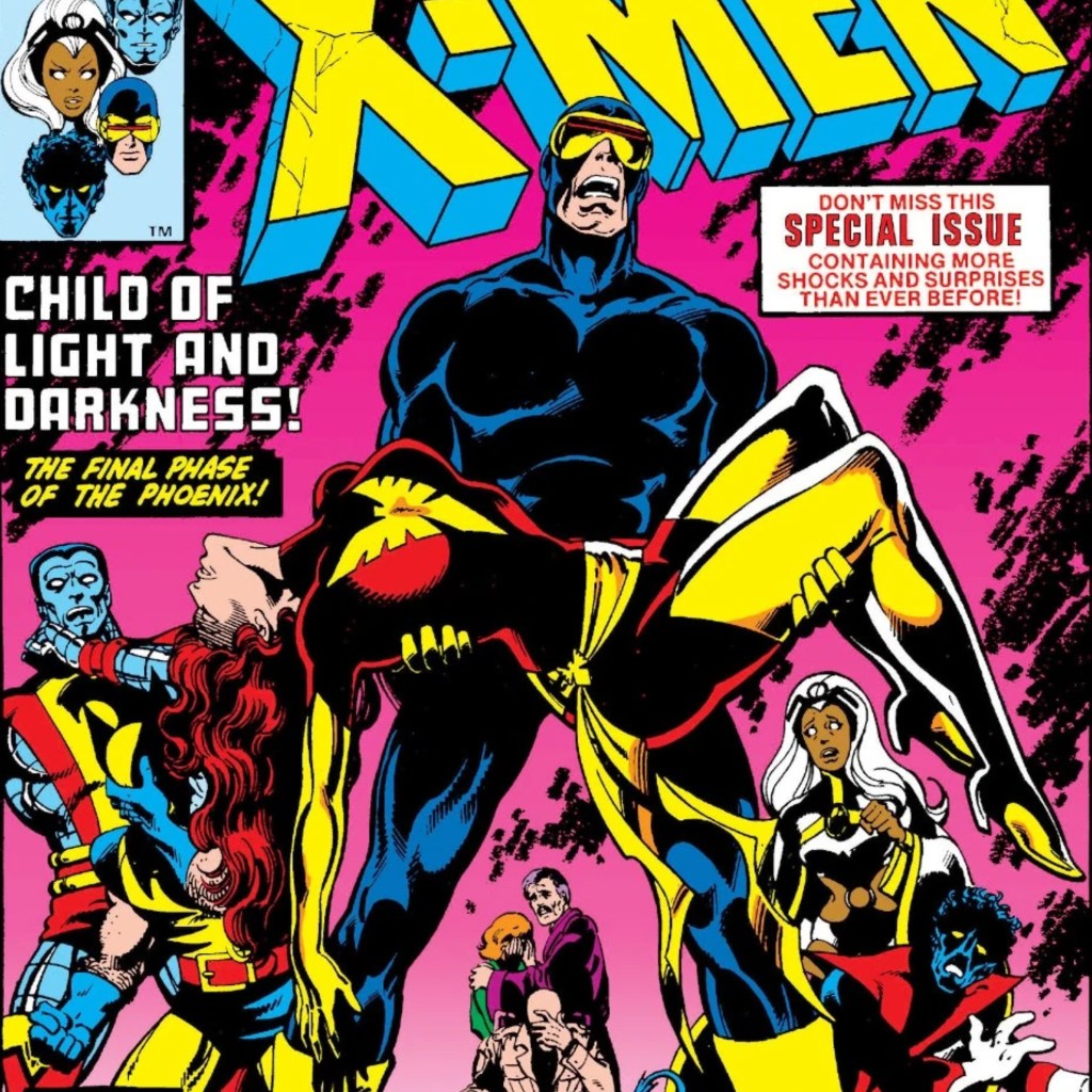 Colossus, Wolverine, Professor X, the Greys, Storm, and Nightcrawler, looking devastated as Cyclops cries over the fallen Dark Phoenix