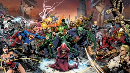 The Justice League, the Justice League of America, and the Justice League fighting it out with Pandora in the center from the New 52
