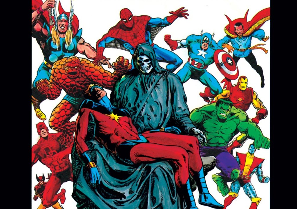 Death holding Captain Marvel, While Thor, Spider-Man Captain America, Doctor Strange, the Thing, Hulk, Iron Man, Wolverine, Daredevil, and Colossus rush towards them