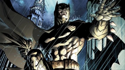 Batman standing in the rain, reaching his hand out