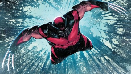 Ultimate Wolverine jumping with snowy trees behind him