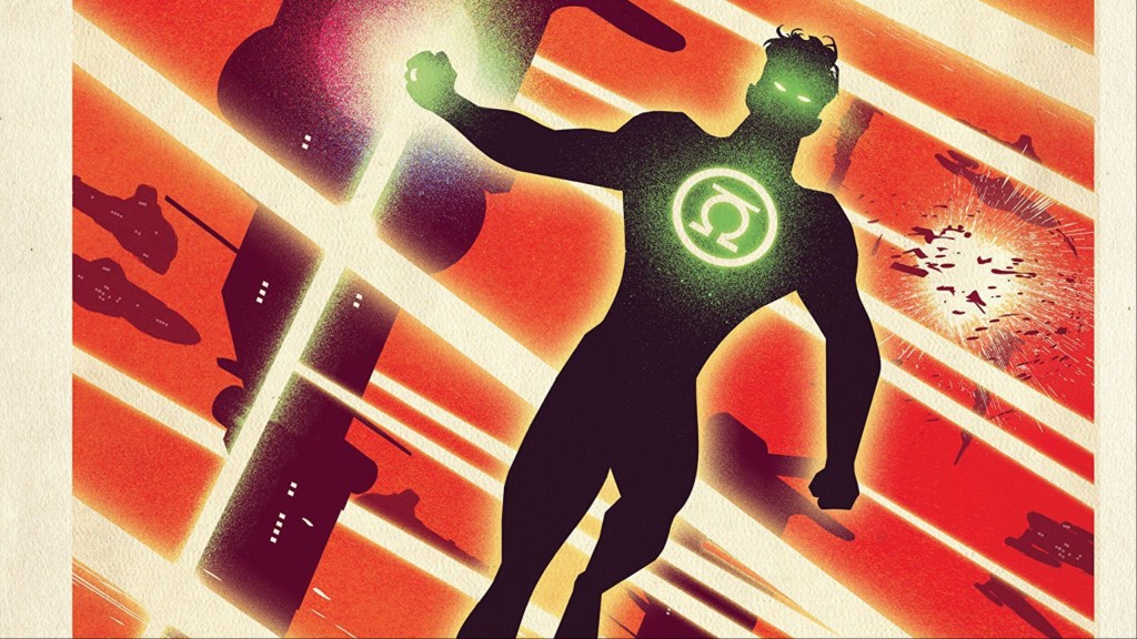 Kyle Rayner in shadow with his ring lit flying through a massive battles with lasers behind him