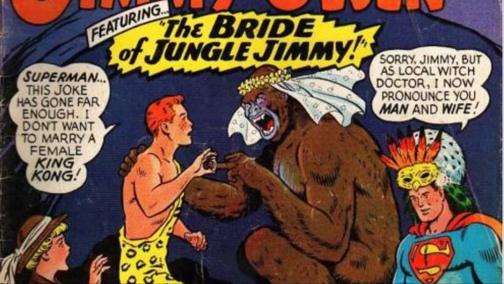 Jimmy Olsen about to marry Burna, with Superman presiding over the ceremony