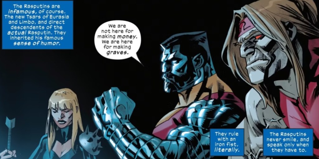 Colossus, Magik, and Omega Red sitting together during a meeting of the Maker's Council