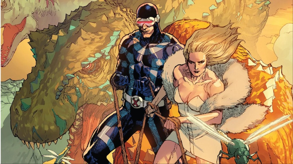Cyclops and Emma Frost riding tyrannosaurs