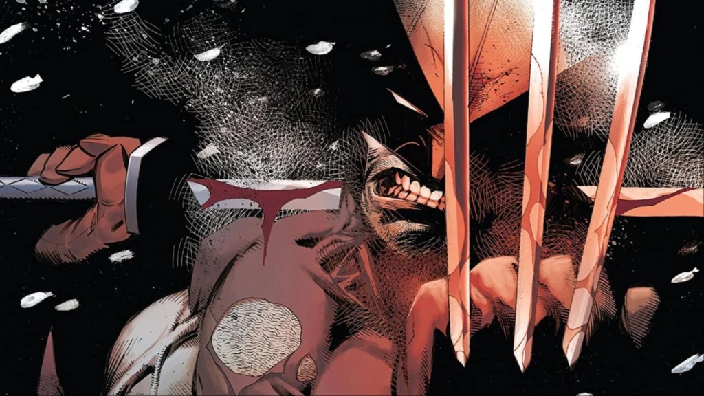 Wolverine with a sword over his shoulder and his claws up in the snow
