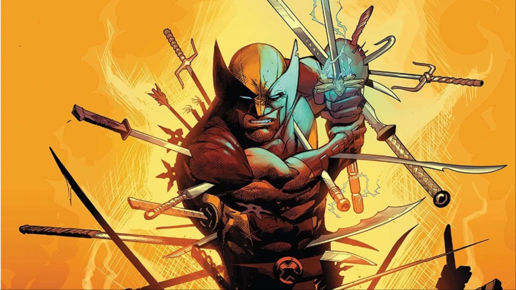 Wolverine holding a sword with swords, sais, and throwing stars sticking out of him