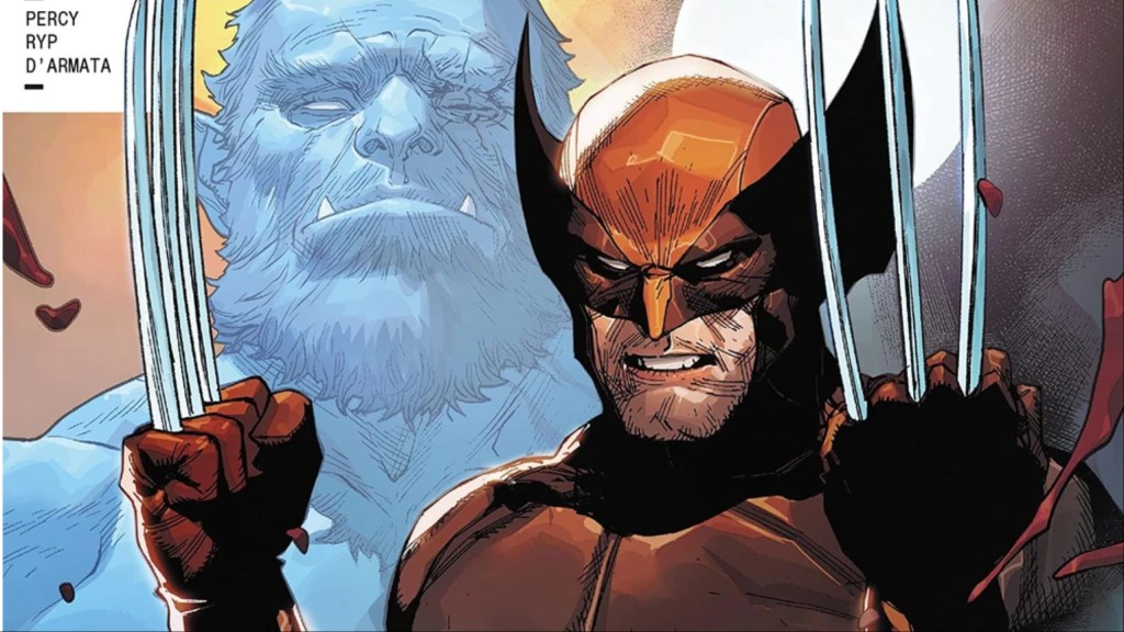 Wolverine holding up his claws with the specter of Beast in the backgroudn