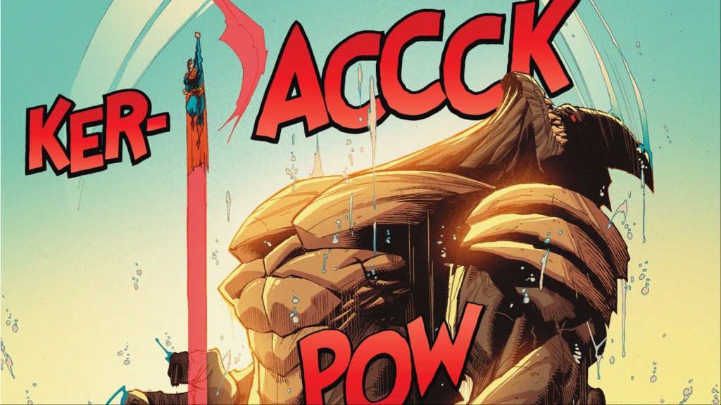 Superman punching a kaiju out of the water.