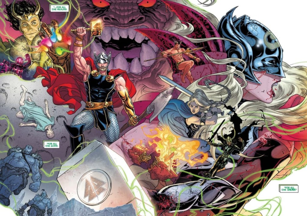 An image form Jason Aaron's Thor, with Loki with the Infinity Gauntlet, Magog, Thor, Jane Foster Thor, Frost Giants, and more