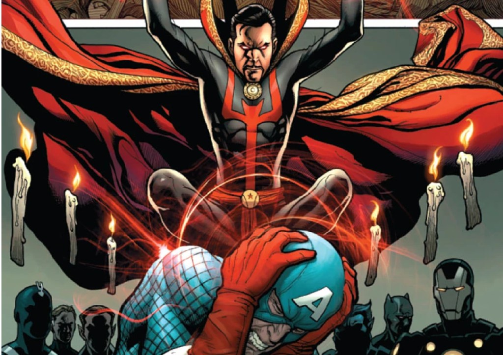 Doctor Strange mindwiping Captain America with the Illuminati looking on