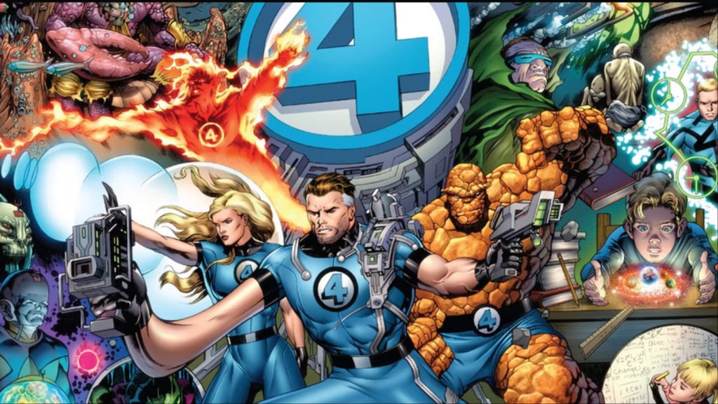 The Fantastic Four surrounded by Mole Man, Franklin Richards, and various sci-fi craziness