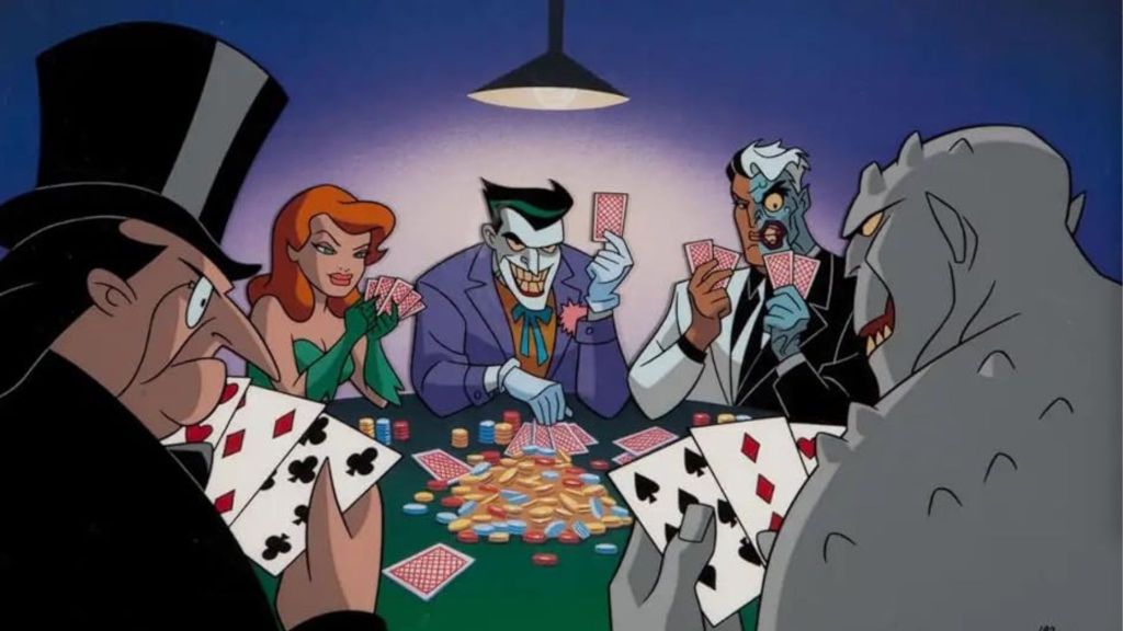 Penguin, Poison Ivy, Joker, Killer Croc and Two Face playing cards in Batman The Animated Series