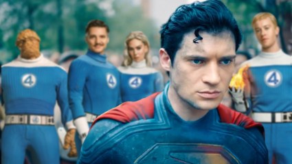 Superman with the Fantastic Four in the background