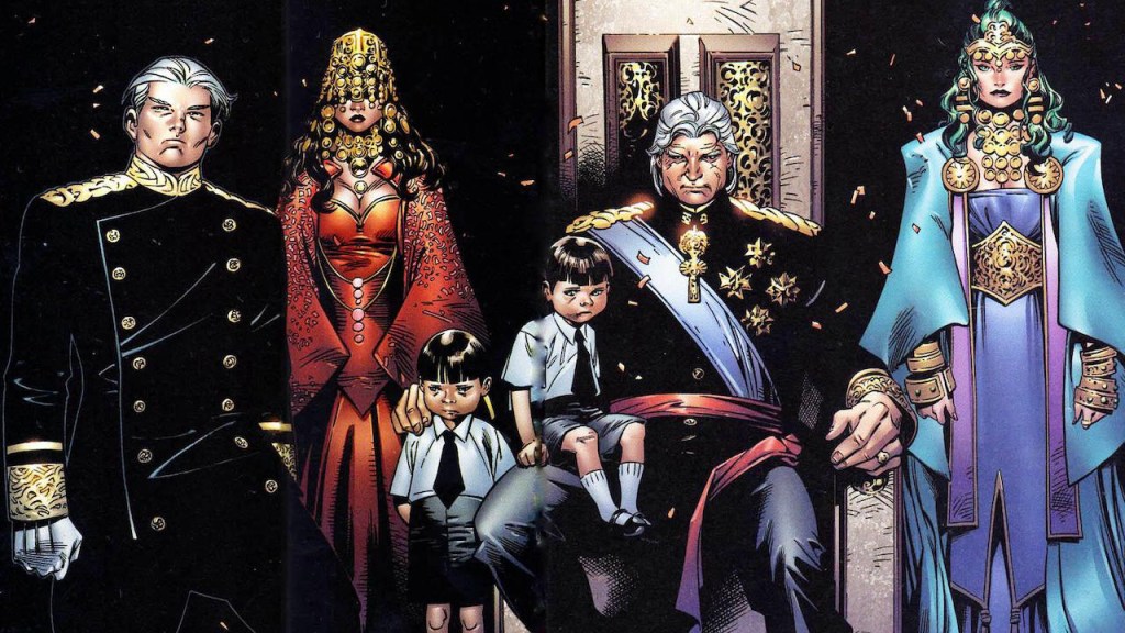 Quciksilver, Scarlet Witch, Tommy, Billy, Magneto, adn Polaris standing together as the royal famjly of Earth