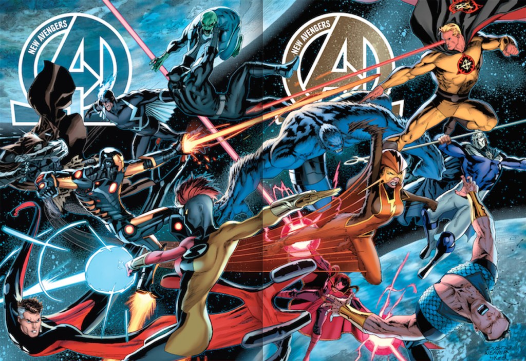 The Avengers battling the Great Society with two planets Earth behind them