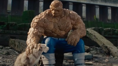 The Thing petting a dog in Fantastic Four First Steps