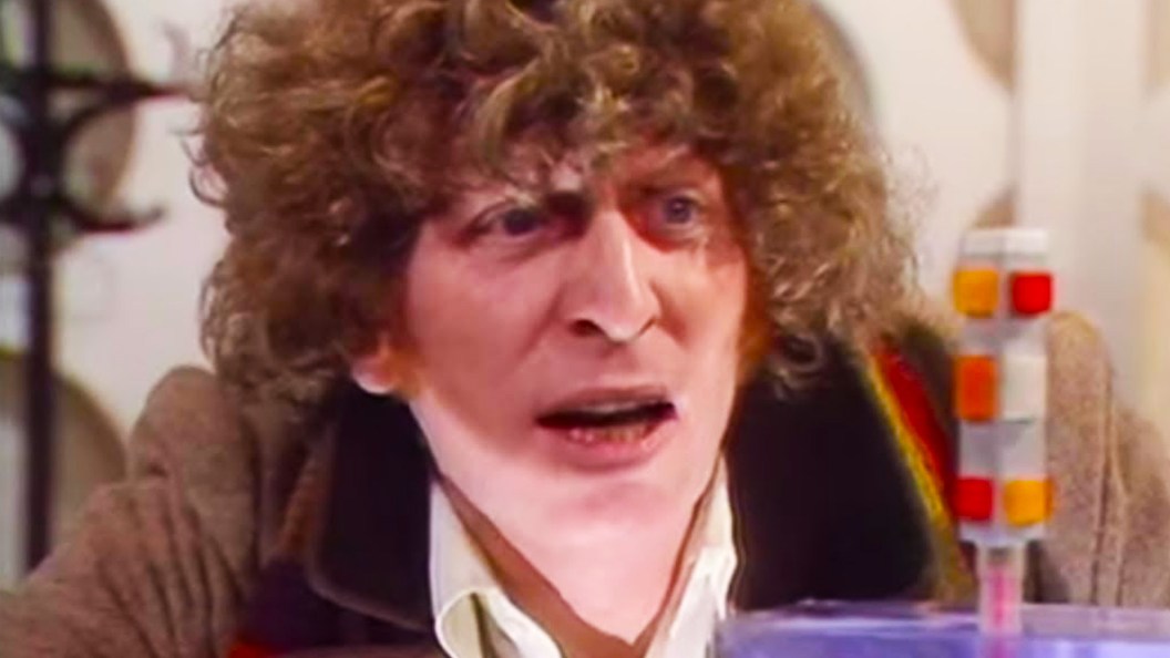 Tom Baker looking confused as the Fourth Doctor in Doctor Who