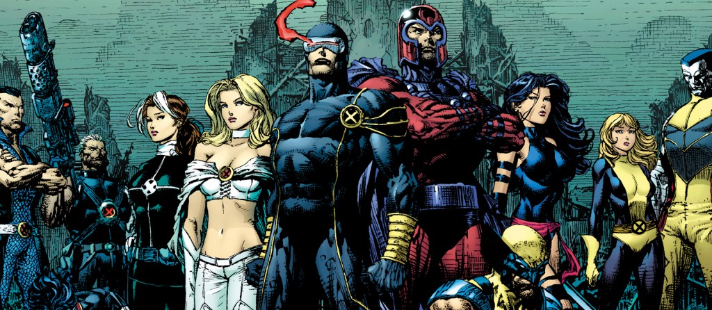 Namor, Cable, Rogue, Emma Frost, Cyclops, Psylocke, Wolverine, Magik, and Colossus standing together in front of ruins.