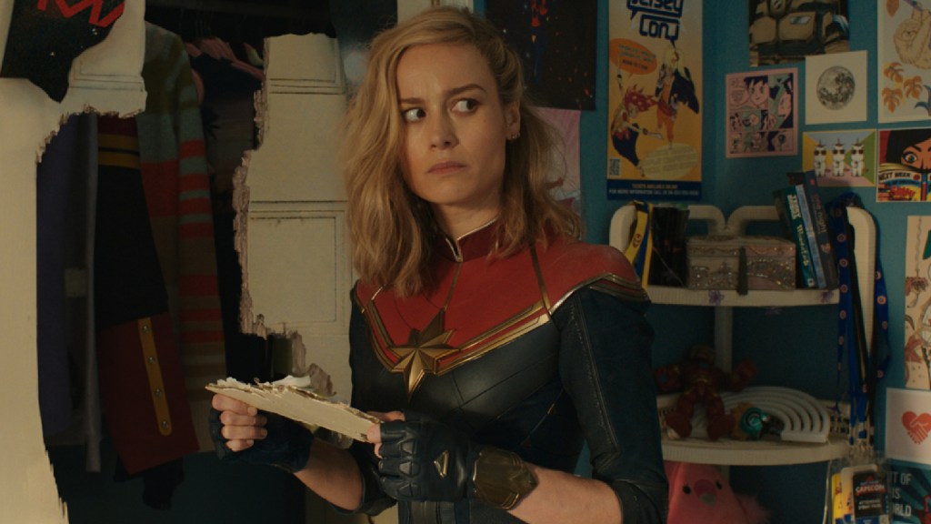 Brie Larson as Captain Marvel looking confused in The Marvels (2023)
