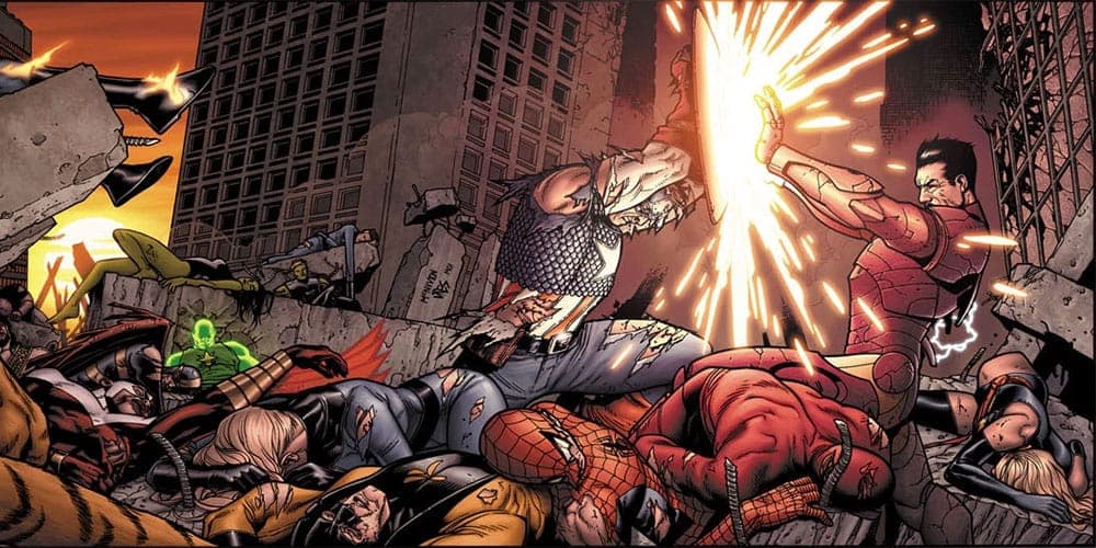 Iron Man and Captain America fighting over the fallen Marvel heroes