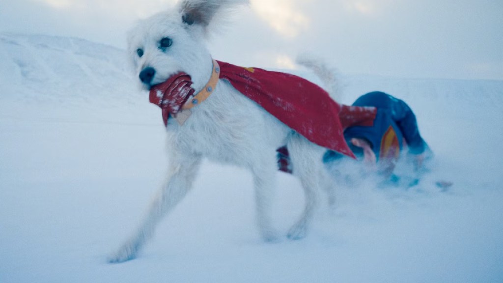 Krypto dragging Superman in Superman (2025)