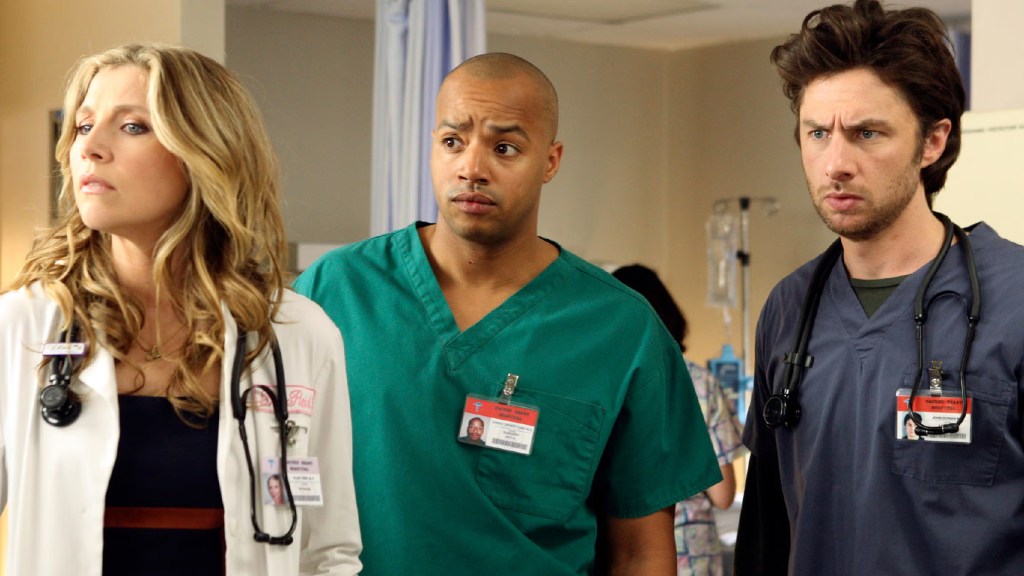 Sarah Chalke as Elliot, Donald Faison as Turk, and Zach Braff as JD in Scrubs