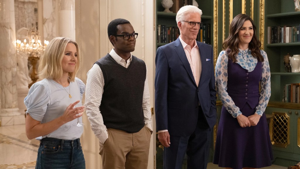 Kristen Bell, William Jackson Haper, Ted Danson, and D'Arcy Carden in The Good Place