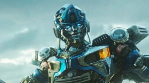 A blue transformer in Transformers Rise of the Beasts