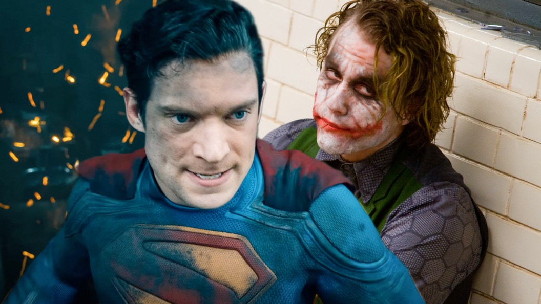 David Corenswet in Superman, and Heath Ledger as Joker in The Dark Knight