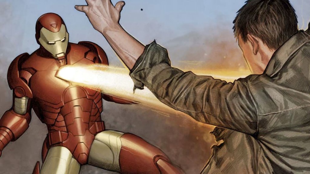 Iron Man shooting a guy with an energy blast