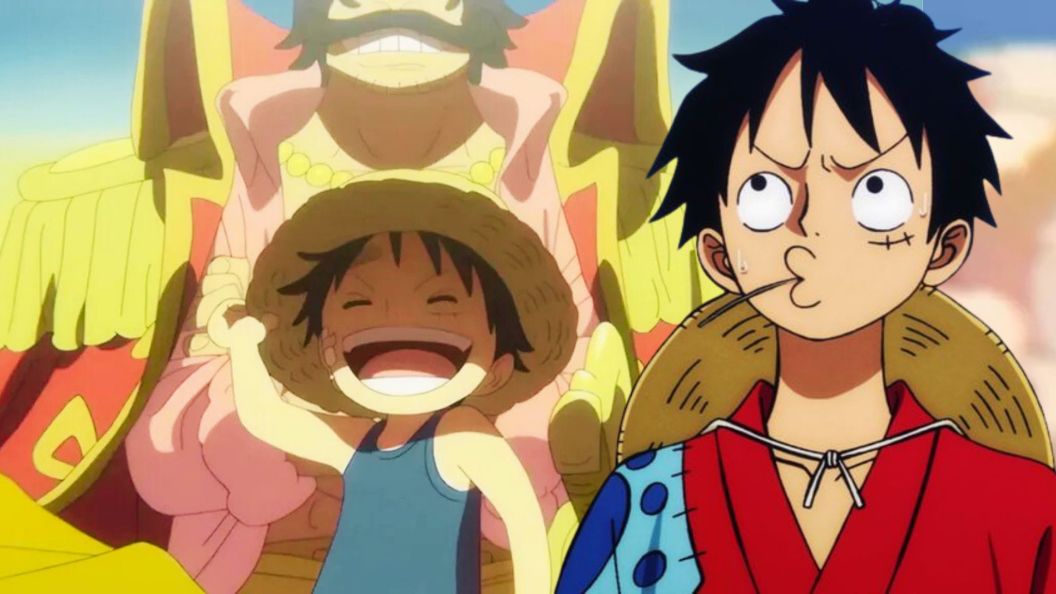 Feature image with Luffy pouting as kid luffy in bg with Roger